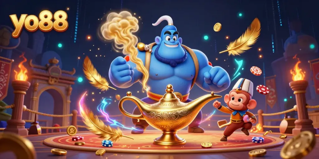 Engage with yo88 at a vibrant online casino scene featuring a genie and magical gaming elements.