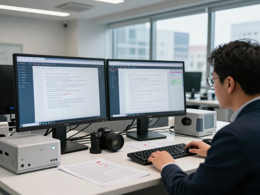 AI-driven document fraud detection analysis in a high-tech office with digital signatures and metadata verification.