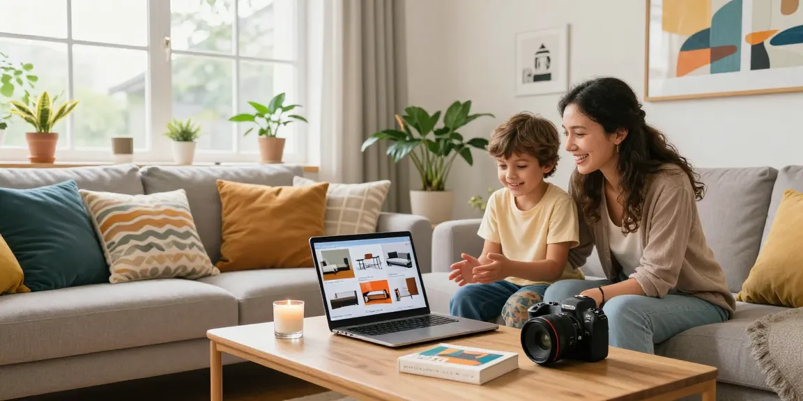 Warmes, einladendes Szenario einer Familie, die online Möbel kauft in einem stilvollen Wohnzimmer.