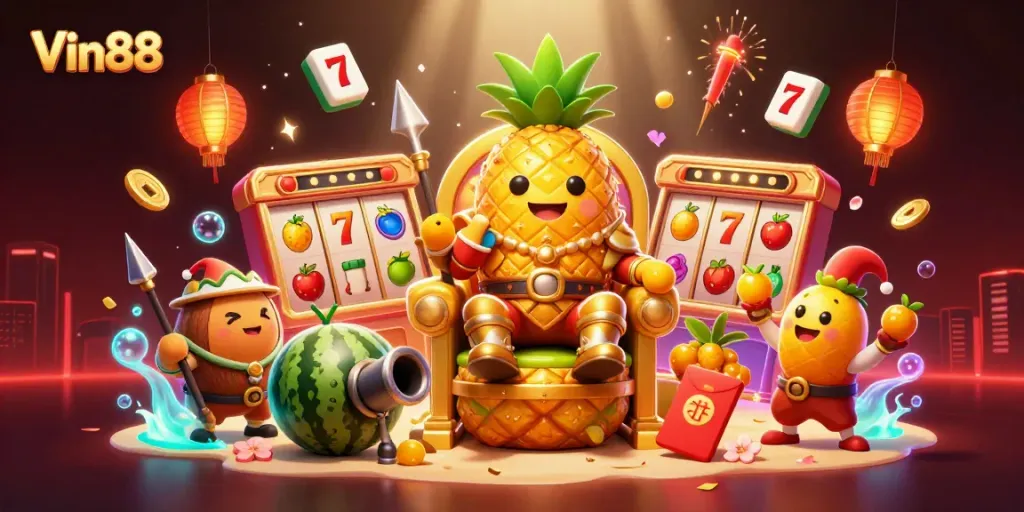 Experience the excitement of Vin88 with a vibrant 3D beach casino scene featuring captivating characters and dynamic gaming elements.