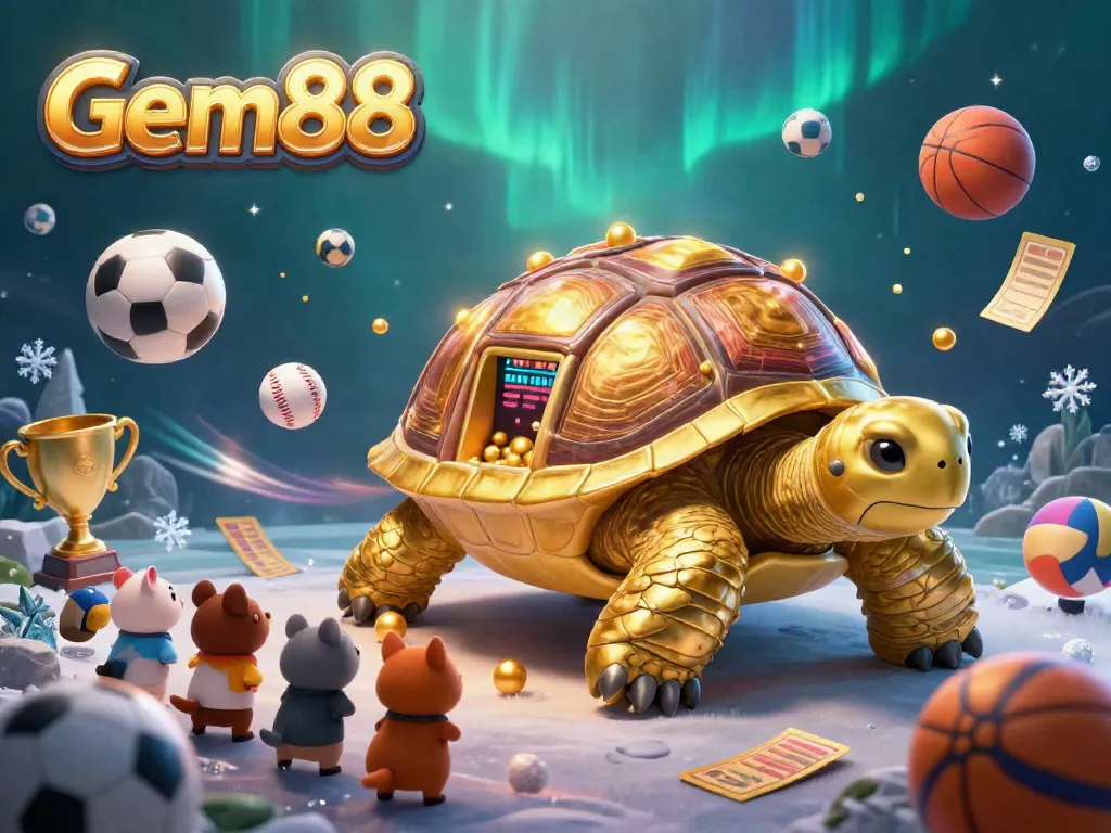 Experience Gem88 with excitement in this dynamic illustration of a golden tortoise pinball machine and vibrant sports elements.