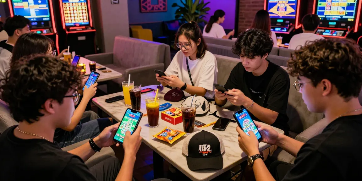 Young adults enjoying games at B52 CLUB with vibrant mobile screens and snacks