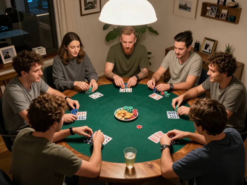 Players enjoying a friendly poker game at home, showcasing SC88 Com gaming strategy and social interaction.