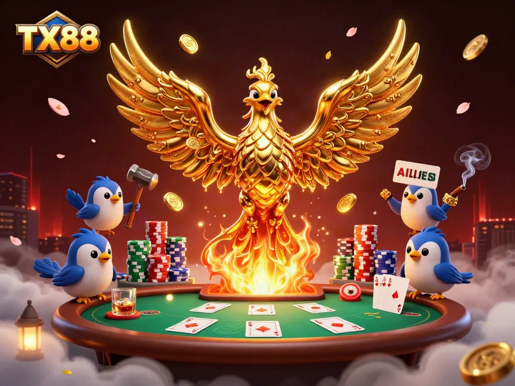Experience the thrill of TX88 with golden phoenix and poker elements, delivering excitement and winning potential.