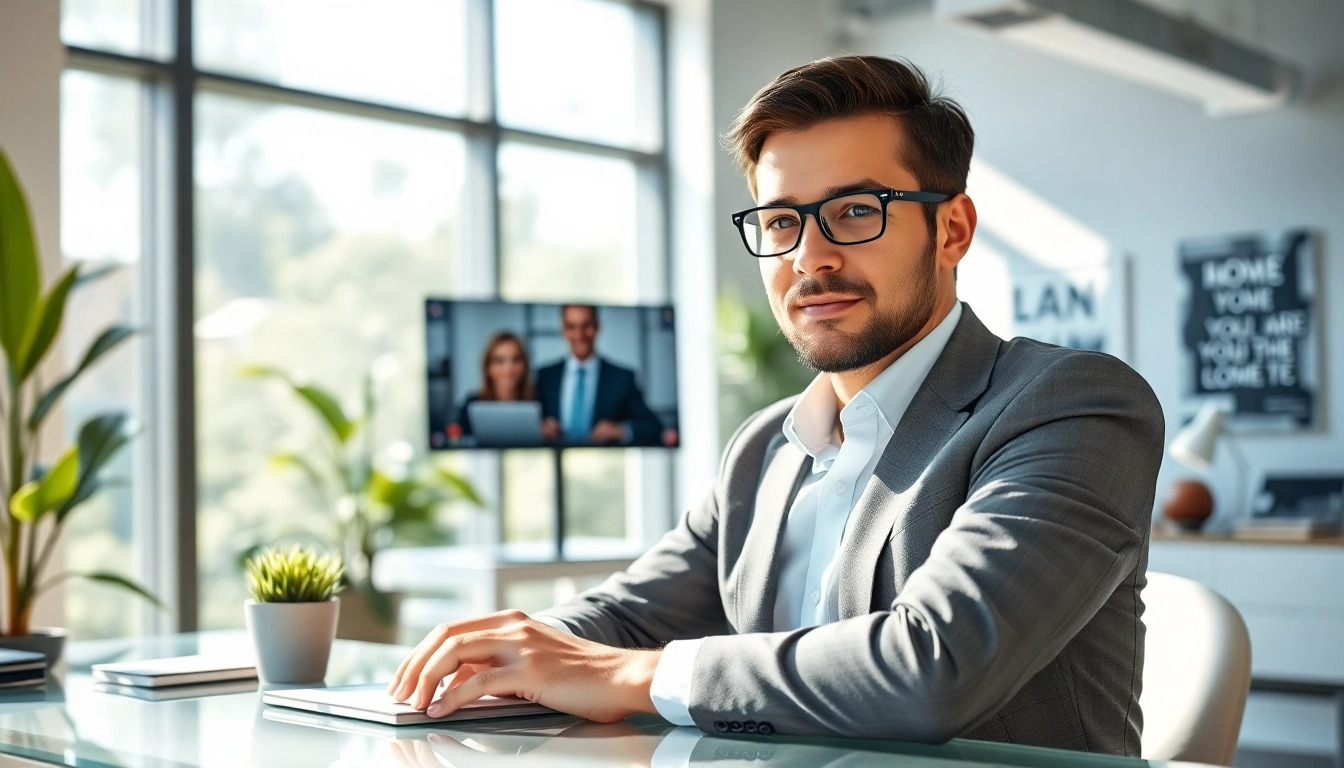 Headhunter Schweiz in einem modernen Büro, während er im Videogespräch mit einem Kandidaten ist.