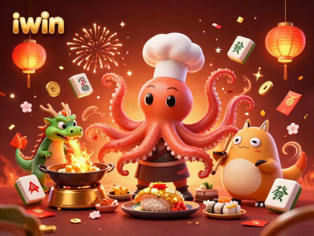 Win at iwin with a lively scene of an octopus chef and friends in a vibrant casino celebration.