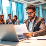 Headhunter IT reviewing resumes in a modern office environment.