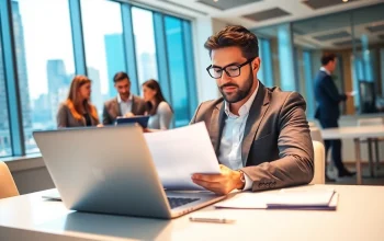 Headhunter IT reviewing resumes in a modern office environment.