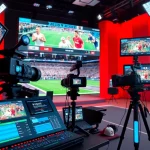 Engaging scene of Sports Broadcasting setup with advanced equipment in a bright studio.
