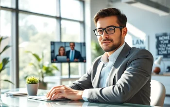 Headhunter Schweiz in einem modernen Büro, während er im Videogespräch mit einem Kandidaten ist.