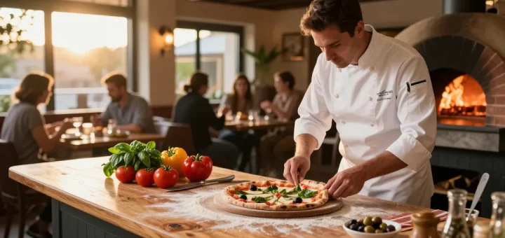 Delicious pizza preparation at Pizzeria Madera, emphasizing pg soft freshness and warmth.
